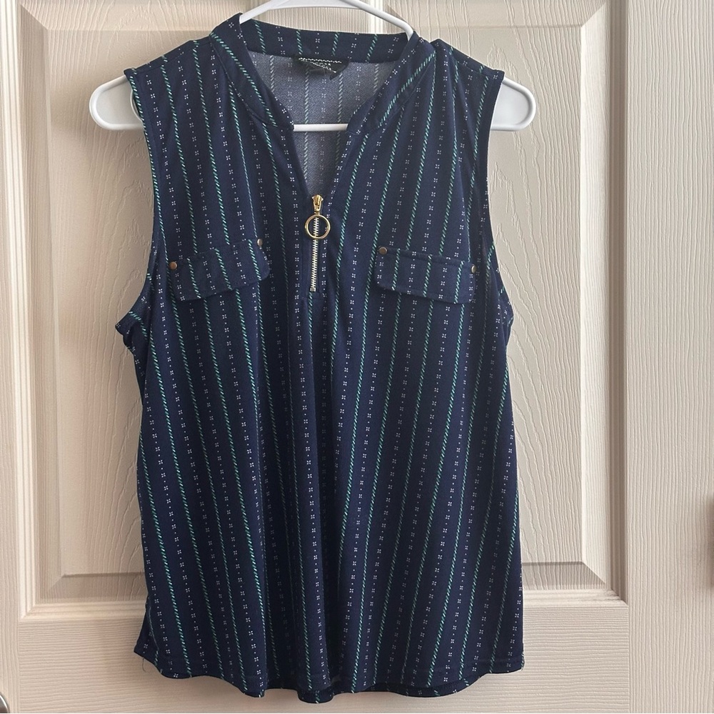 Flower & Feather Navy Sleeveless Top Women’s Size Large